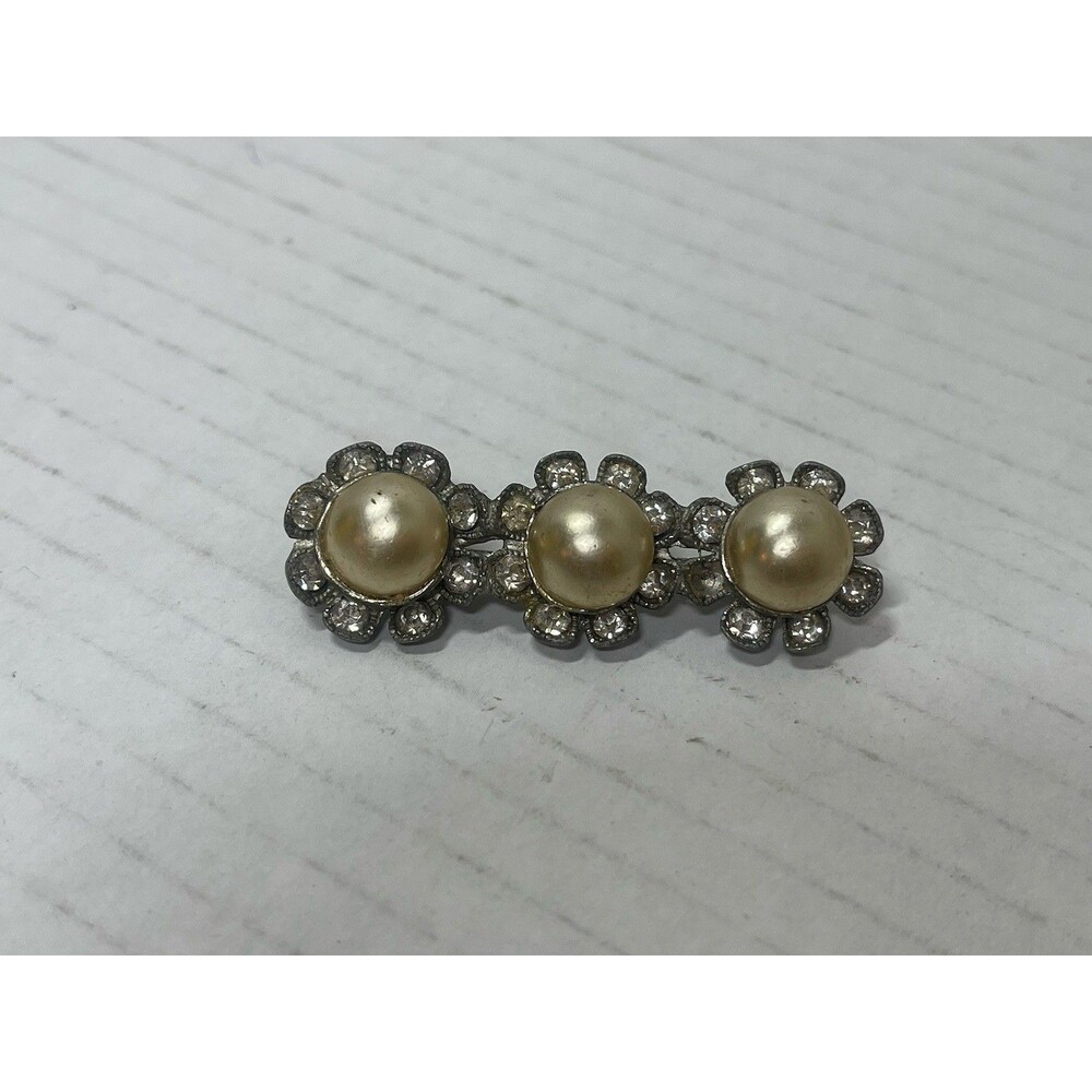 Vintage Paul Sargent Originals Rhinestone Faux Pearl Brooch Pin Flower Bar